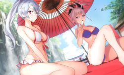Rule 34 | 2girls, bad id, bad pixiv id, bare arms, bare shoulders, between legs, bikini, blue sky, blush, breasts, cleavage, cliff, closed mouth, cloud, commentary request, day, fate/grand order, fate (series), food, hair between eyes, hair ornament, hand between legs, high ponytail, holding, holding food, long hair, looking at viewer, medium breasts, miyamoto musashi (fate), multiple girls, nanotaro, oil-paper umbrella, open mouth, outdoors, pink hair, ponytail, popsicle, purple bikini, purple eyes, red eyes, red umbrella, silver hair, sitting, sky, smile, swimsuit, thighs, tomoe gozen (fate), torii, tree, umbrella, wariza, water, waterfall, white bikini