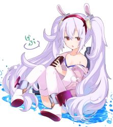 Rule 34 | 1girl, animal ears, azur lane, bare shoulders, boots, bottle, breasts, camisole, chestnut mouth, cleavage, collarbone, commentary request, hair between eyes, hair ornament, hairband, holding, holding bottle, jacket, laffey (azur lane), long hair, long sleeves, looking at viewer, nyori, off shoulder, open clothes, open jacket, parted lips, pink jacket, purple hair, rabbit ears, red eyes, red hairband, simple background, sitting, small breasts, solo, strap slip, thighhighs, translation request, twintails, very long hair, water, white background, white footwear, white thighhighs, wide sleeves