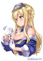 Rule 34 | 1girl, between breasts, blonde hair, blue eyes, blue shirt, breasts, cleavage, cropped torso, double bun, ebifurya, fletcher (kancolle), gloves, hair bun, hairband, highres, kantai collection, large breasts, long hair, neckerchief, off shoulder, parted lips, sailor collar, school uniform, serafuku, shirt, simple background, solo, twitter username, white background, white gloves, white sailor collar, yellow neckerchief