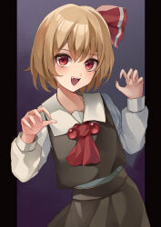 Rule 34 | 1girl, absurdres, ascot, black skirt, black vest, blonde hair, collared shirt, fang, fingernails, hair between eyes, hair ribbon, highres, koizumo, long sleeves, looking at viewer, open mouth, red ascot, red eyes, red ribbon, ribbon, rumia, shirt, short hair, skirt, smile, solo, touhou, vest, white shirt