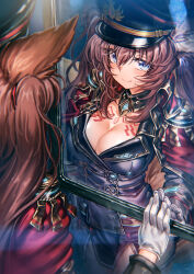 Rule 34 | 1girl, absurdres, animal ears, blue eyes, breasts, brown hair, caleen keemosn, cleavage, collar, commission, female focus, fox ears, fox girl, fox tail, gloves, hair ribbon, hat, highres, large breasts, long hair, looking at viewer, military, military hat, military uniform, multiple tails, oh you udon, reflection, ribbon, runes, smile, solo, space, star ocean, star ocean anamnesis, tail, tight clothes, twintails, uniform, very long hair, window