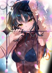 Rule 34 | 1girl, absurdres, ahoge, arm up, armpits, arutera, bad id, bad pixiv id, bare arms, bare shoulders, black bra, black hair, blurry, blush, bra, breasts, brown shirt, depth of field, front-tie top, hair ornament, hairclip, halterneck, highres, long hair, looking at viewer, medium breasts, nail polish, original, parted lips, petals, pink nails, see-through, shirt, sleeveless, sleeveless shirt, smile, solo, underwear, unmoving pattern, upper body, x hair ornament, yellow eyes