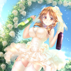 Rule 34 | 1girl, alternate costume, bad id, bad pixiv id, beads, blue sky, bottle, breasts, brown eyes, brown hair, buckle, bush, cloud, cowboy shot, day, dress, earrings, eyebrows, flower, from below, garter straps, grin, hair beads, hair flower, hair ornament, hair over shoulder, holding, idolmaster, idolmaster cinderella girls, jewelry, katagiri sanae, lace, lace-trimmed dress, lace trim, large breasts, light particles, long hair, looking at viewer, low twintails, necklace, outdoors, ponytail korosuke, revision, rose, sake bottle, sky, sleeveless, sleeveless dress, smile, solo, strap gap, thighhighs, twintails, veil, wedding dress, white dress, white flower, white rose, white thighhighs, wine bottle