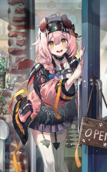 Rule 34 | 1girl, :d, animal ears, arknights, black choker, black hairband, black jacket, braid, brick wall, cat ears, cat girl, cat tail, checkered floor, choker, commentary, door, doorway, english commentary, floppy ears, garter straps, goldenglow (arknights), hairband, high-waist skirt, highres, id card, jacket, lightning bolt print, long hair, looking at viewer, miniskirt, multicolored clothes, multicolored jacket, open clothes, open jacket, open mouth, open sign, opening door, paw print, pink hair, pink jacket, pleated skirt, pov doorway, print hairband, purple skirt, scissors, shirt, side braid, sign, skirt, smile, solo, tail, teeth, thighhighs, toga (toganawa), upper teeth only, white shirt, white thighhighs, window, yellow eyes