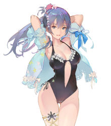 Rule 34 | 1girl, arms up, blue eyes, blue hair, breasts, character request, collarbone, copyright request, feet out of frame, flower, hair flower, hair ornament, highres, large breasts, navel, onacia, open clothes, open mouth, ponytail, simple background, smile, solo, standing, stomach, swimsuit, thighhighs, white background