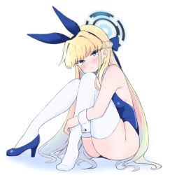 Rule 34 | 1girl, animal ears, blonde hair, blue archive, blue bow, blue eyes, blue footwear, blue hair, blue hairband, blue leotard, blush, bow, braid, closed mouth, commentary, fake animal ears, full body, hair bow, hair intakes, hairband, halo, high heels, hugging own legs, knees up, kujou karasuma, leotard, looking at viewer, multicolored hair, rabbit ears, shadow, shoes, simple background, single shoe, sitting, solo, streaked hair, thighhighs, toki (blue archive), toki (bunny) (blue archive), white background, white thighhighs