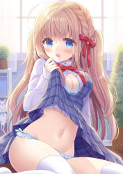 Rule 34 | 1girl, absurdres, ahoge, blue bra, blue dress, blue eyes, blue panties, blush, bow, bra, braid, breasts, brown hair, buttons, cleavage, clothes lift, dress, dress lift, hair bow, hand to own mouth, highres, hoshimame mana, lifted by self, long hair, moe2021, navel, open clothes, open dress, open mouth, open shirt, original, panties, plaid, plaid dress, ribbon, shirt, sitting, smile, solo, thighhighs, thighs, two side up, unbuttoned, underwear, white shirt, white thighhighs
