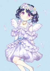 Rule 34 | 1girl, angel wings, barefoot, black hair, blue background, dress, feathers, flower, flower wreath, frilled dress, frills, fukumaru koito, hair flower, hair ornament, highres, idolmaster, idolmaster shiny colors, jewelry, looking at viewer, necklace, purple eyes, sasasasa, sleeveless, sleeveless dress, solo, twintails, white dress, wings