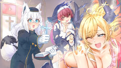 Rule 34 | 3girls, alternate costume, animal ears, aqua eyes, blonde hair, blue eyes, blush, book, breasts, burning, cleavage, commentary request, cross, demon horns, demon tail, drooling, fang, fangs, fox ears, fox girl, fox tail, garter belt, garter straps, gloves, habit, heart, heart-shaped pupils, highres, hololive, horns, houshou marine, houshou marine (nun), large breasts, multiple girls, naughty face, navel, nun, one eye closed, open mouth, panties, pointy ears, priest, red eyes, red hair, robe, shirakami fubuki, smile, sweat, symbol-shaped pupils, tail, tataki tuna, tears, thighhighs, torn clothes, underwear, virtual youtuber, white gloves, white hair, white panties, yuzuki choco, yuzuki choco (1st costume)