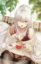 Rule 34 | 1girl, bare shoulders, black pantyhose, blurry, blurry foreground, braid, braided bun, breasts, burnt tongue, cleavage, coffee, coffee cup, commentary request, cup, disposable cup, drink, french braid, green nails, hair bun, hair over eyes, highres, holding, holding drink, holding spoon, ito lab, leaf, light blush, lingerie, long bangs, long hair, medium breasts, mint, nail polish, off-shoulder sweater, off shoulder, one eye closed, original, pantyhose, red eyes, single hair bun, solo, spoon, steam, stirring, sweat, sweater, tearing up, tongue, tongue out, underwear, white hair