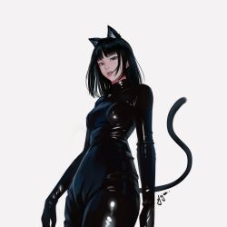 Rule 34 | 1girl, absurdres, animal ears, arms at sides, black bodysuit, black hair, blunt bangs, bodysuit, breasts, cat ears, cat girl, cat tail, commentary, cowboy shot, english commentary, extra ears, eyelashes, eyeshadow, from below, from side, highres, latex, latex bodysuit, lipstick, looking at viewer, looking down, makeup, medium breasts, medium hair, original, parted lips, shiny clothes, signature, skin tight, solo, straight hair, tail, white background, yajuu (tristan maska)
