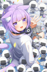 Rule 34 | 1girl, :3, :d, ahoge, animal ear fluff, animal ears, anniversary, bird, bow, breasts, cat ears, cat girl, cat tail, celebration, collar, collared shirt, fang, feet out of frame, food, from above, hand on own chest, headphones, headphones around neck, highres, hololive, large breasts, long sleeves, looking at viewer, looking back, medium hair, milestone celebration, nekomata okayu, nekomata okayu (oversized shirt), onigiri, onigirya (nekomata okayu), open mouth, panties, ponono, purple bow, purple collar, purple eyes, purple hair, shirt, sitting, smile, solo, standing, tail, tail raised, temari (nekomata okayu), underwear, virtual youtuber, white background, white shirt