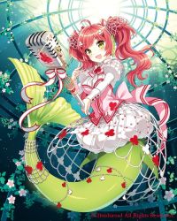 Rule 34 | 1girl, fins, fish tail, full body, green eyes, holding, long hair, long sleeves, mermaid, microphone, monster girl, nardack, open mouth, puffy sleeves, red hair, solo, tail, twintails