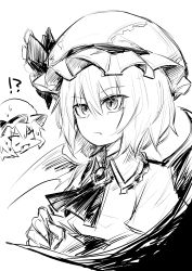 Rule 34 | !?, 2girls, absurdres, ascot, bat wings, blank eyes, bow, closed mouth, embodiment of scarlet devil, eyes visible through hair, fang, fang out, flandre scarlet, frilled bow, frilled shirt collar, frills, greyscale, hair between eyes, hand up, hat, hat bow, head only, highres, mob cap, monochrome, multiple girls, oninamako, open mouth, remilia scarlet, serious, short hair, short sleeves, simple background, sketch, slit pupils, surprised, sweat, touhou, upper body, white background, wing collar, wings