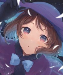 Rule 34 | 1girl, :o, black gloves, blush stickers, bow, bowtie, brown hair, coat, dutch angle, earrings, fur-trimmed coat, fur trim, gloves, hat, holding, holding clothes, holding hat, idolmaster, idolmaster cinderella girls, jewelry, looking at object, lvetica, nagatomi hasumi, purple hat, short hair, solo, sun hat, train, upper body
