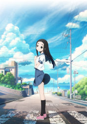 Rule 34 | 1girl, beach, black hair, black socks, blue sailor collar, blue skirt, blue sky, blunt bangs, brick wall, building, bush, closed mouth, clothes lift, cloud, cloudy sky, contrail, crosswalk, day, expressionless, fence, floating hair, full body, goto hime, grass, grey eyes, hand over heart, hands on own chest, hands up, head tilt, highres, hime cut, horizon, house, kakushigoto, key visual, long hair, looking at viewer, manhole, manhole cover, midriff peek, ocean, official art, outdoors, pedestrians only sign, pink footwear, pleated skirt, power lines, promotional art, railing, sailor collar, sand, school uniform, shadow, shoes, sidelocks, sidewalk, sign, skirt, skirt lift, sky, sneakers, socks, solo, standing, straight hair, sunlight, tareme, traffic mirror, vignetting, wall, water, wind, wind lift, window, yamamoto shuuhei