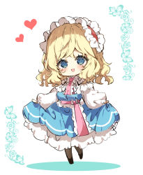 Rule 34 | 1girl, alice margatroid, blonde hair, blue dress, blue eyes, blush, clothes lift, dress, dress lift, frilled dress, frills, full body, hairband, heart, lifting own clothes, lolita hairband, long sleeves, open mouth, piyokichi, red hairband, short hair, smile, solo, touhou, white background