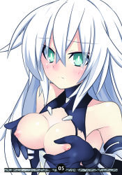 Rule 34 | 10s, 1girl, aqua eyes, black heart (neptunia), blush, breast hold, breasts, elbow gloves, gloves, highres, meimu (infinity), neptune (series), noire (neptunia), solo, tears, torn clothes, white hair