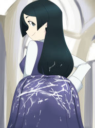 Rule 34 | 1girl, absurdres, ass, back, backboob, barbara parker, black eyes, black hair, breasts, cum, cum on ass, cum on clothes, cum on hair, female focus, highres, little witch academia, looking at viewer, looking back, medium breasts, oksandio, smile, solo
