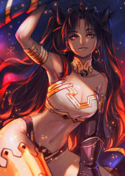 Rule 34 | 1girl, absurdres, apoloniodraws, arm up, bikini, black hair, breasts, fate/grand order, fate (series), highres, ishtar (fate), ishtar (fate), jewelry, long hair, looking at viewer, midriff, red eyes, smile, swimsuit