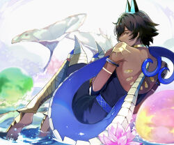 Rule 34 | 1boy, arjuna (fate), arjuna alter (fate), armlet, armor, back, barefoot, black hair, dark-skinned male, dark skin, fate/grand order, fate (series), flower, full body, highres, horns, indian clothes, knees up, light particles, looking at viewer, looking back, lotus, male focus, partially submerged, profile, short hair, solo, tail, vega00211, water