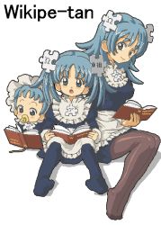 Rule 34 | 3girls, age comparison, aged down, aged up, apron, aqua eyes, aqua hair, baby, blue dress, blue legwear, blush, book, brown legwear, character name, child, closed mouth, commentary, dress, english commentary, frills, full body, hair ornament, holding, holding book, invisible chair, jaggy lines, kasuga (kasuga39), long hair, long sleeves, looking at viewer, mouth hold, multiple girls, multiple persona, no shoes, oekaki, official art, open book, open mouth, pacifier, pantyhose, puzzle piece hair ornament, reading, simple background, sitting, smile, split mouth, time paradox, transparent background, twintails, waist apron, white apron, white background, wikipe-tan, wikipedia