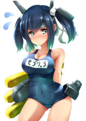 Rule 34 | 10s, 1girl, blue eyes, blue hair, breasts, hair ornament, hair ribbon, headband, highres, japan maritime self-defense force, japan self-defense force, kantai collection, large breasts, matching hair/eyes, military, name tag, old school swimsuit, one-piece swimsuit, ribbon, school swimsuit, short hair, simple background, smile, solo, souryuu (jmsdf), souryuu (kancolle), souryuu (submarine), swimsuit, torpedo, twintails, unomi