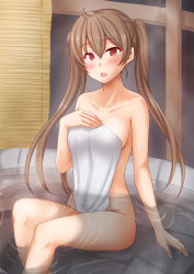 Rule 34 | 1girl, anti (untea9), blush, breasts, collarbone, covering privates, hair between eyes, highres, kantai collection, large breasts, light brown hair, long hair, murasame (kancolle), naked towel, nude cover, open mouth, partially submerged, red eyes, solo, towel, twintails, water