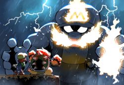Rule 34 | 3boys, armlet, big nose, bowser, bracelet, brown hair, cliff, commentary, electricity, english commentary, eye contact, facial hair, fury bowser, giant, gloves, glowing, green headwear, highres, jewelry, lightning, long sleeves, looking at another, luigi, mario, mario (series), multiple boys, mustache, nintendo, outdoors, overalls, rain, rainfire, rariatto (ganguri), red hair, role reversal, size difference, spiked armlet, spiked bracelet, spiked shell, spiked tail, spikes, standing, storm, super mario 3d world, tail, white gloves
