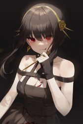 Rule 34 | 1girl, absurdres, bare shoulders, black dress, black hair, blood, blood on face, dress, earrings, flower, hair flower, hair ornament, highres, jewelry, knowa, long hair, looking at viewer, off-shoulder dress, off shoulder, red eyes, solo, spy x family, yor briar