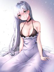 Rule 34 | 1girl, absurdres, black bra, black choker, blush, bra, breasts, choker, cleavage, collarbone, dress, fage, gradient background, grey eyes, grey hair, highres, horizon claire, long hair, looking at viewer, original, simple background, sitting, sitting on lap, sitting on person, solo, underwear, winter
