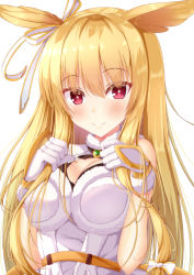 Rule 34 | 1girl, absurdres, blonde hair, blush, bow, breasts, christmas, cleavage, cleavage cutout, clothing cutout, commentary request, fate/grand order, fate (series), gloves, hair bow, hair ribbon, head wings, highres, long hair, red eyes, ribbon, ring the bell, shizuri yuki, sidelocks, simple background, smile, solo, thrud (fate), thrud (ring the bell) (fate), tress ribbon, upper body, valkyrie (fate), white background, white bow, white gloves, wings