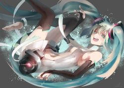 Rule 34 | 1girl, anklet, bad id, bad pixiv id, barefoot, bridal gauntlets, center opening, green eyes, green hair, hatsune miku, hatsune miku (append), highres, jewelry, long hair, matching hair/eyes, navel, necktie, saihate (saihate d3), solo, thighhighs, toeless legwear, toes, twintails, very long hair, vocaloid, vocaloid append