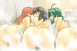Rule 34 | 3girls, ass, bent over, censored, convenient censoring, michael f91, multiple girls, nude, onsen, original, steam, steam censor