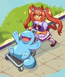 Rule 34 | 1girl, animal ears, bow, bowtie, brown footwear, brown hair, commentary, creatures (company), daiwa scarlet (umamusume), fang, game freak, gen 2 pokemon, hair intakes, horse ears, horse girl, horse tail, loafers, long hair, nintendo, pixel art, pleated skirt, pokemon, puffy short sleeves, puffy sleeves, purple bow, purple bowtie, purple shirt, quagsire, red eyes, sailor collar, sailor shirt, scene reference, school uniform, shirt, shoes, short sleeves, skirt, summer uniform, tail, the intouchables, tiara, tracen school uniform, twintails, umamusume, very long hair, white skirt, yakan (yakanchan3)