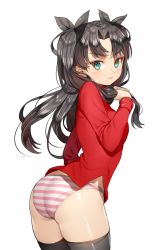 Rule 34 | 1girl, ass, black hair, black ribbon, black thighhighs, butt crack, cowboy shot, fate/stay night, fate (series), green eyes, hair ribbon, highres, long hair, no pants, panties, ribbon, ruhee, simple background, solo, striped clothes, striped panties, thighhighs, tohsaka rin, two side up, underwear, white background