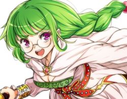 Rule 34 | 1girl, braid, breasts, brooch, cape, cleavage, dress, glasses, green hair, jewelry, laco soregashi, long hair, looking at viewer, medium breasts, open mouth, philia felice, purple eyes, round eyewear, simple background, solo, tales of (series), tales of destiny, white background, white dress, wing brooch