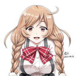Rule 34 | 1girl, blush, bow, bowtie, braid, breasts, brown eyes, cloud hair ornament, hair between eyes, highres, kantai collection, large breasts, light brown hair, long hair, looking at viewer, low twin braids, minegumo (kancolle), open mouth, plaid, plaid bow, plaid bowtie, plaid neckwear, red bow, red bowtie, red eyes, school uniform, shirt, short sleeves, simple background, skirt, smile, solo, suspender skirt, suspenders, tk8d32, twin braids, white shirt