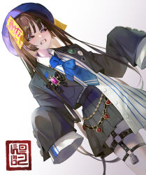 Rule 34 | 1girl, black jacket, black sclera, black skirt, blue hat, blunt bangs, bow, bowtie, chinese clothes, collared shirt, colored sclera, cowboy shot, dress, fangs, grey eyes, hat, jacket, jiangshi, jiangshi costume, long hair, long sleeves, looking at viewer, ofuda, open clothes, open jacket, open mouth, original, oto1 030, outstretched arms, pantyhose, pleated skirt, qingdai guanmao, ribbon, shirt, simple background, skirt, sleeves past wrists, smile, solo, standing, talisman, teeth, very long hair, white background, white shirt