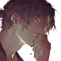 Rule 34 | 1boy, arknights, black hair, blood, blood on face, blood on hands, braid, covered mouth, covering own mouth, dark-skinned male, dark skin, dripping, earclip, earrings, empty eyes, eyelashes, fingernails, half-closed eyes, hand over own mouth, hand up, highres, holding nose, jewelry, looking away, male focus, manjyufroth, nosebleed, ponytail, portrait, short hair, side braid, simple background, single braid, solo, thorns (arknights), white background, yellow eyes