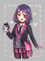 Rule 34 | 10s, 1girl, :d, bad id, bad pixiv id, badge, bag, black jacket, black pantyhose, blazer, blush, border, button badge, cellphone, cellphone charm, charm (object), choker, collared shirt, cropped legs, eyepatch, grey background, grey shirt, hayasaka mirei, heart, heart eyepatch, heart print, idolmaster, idolmaster cinderella girls, jacket, jewelry, long sleeves, miniskirt, multicolored hair, necktie, noranghan, open mouth, pantyhose, phone, pink skirt, plaid, plaid skirt, pleated skirt, purple hair, red hair, ring, shirt, shoulder bag, skirt, smile, solo, spiked choker, spikes, streaked hair, sweater vest, two-tone hair, yellow eyes