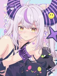 Rule 34 | 1girl, absurdres, ahoge, bare shoulders, black horns, braid, braided bangs, fang, grey hair, highres, hololive, horns, kyabetsu ningen, la+ darknesss, long hair, multicolored hair, pointy ears, purple hair, skin fang, smiley face, sticker on face, streaked hair, striped horns, twintails, virtual youtuber, yellow eyes