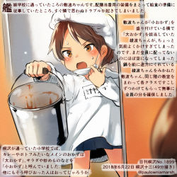 Rule 34 | 1girl, blue skirt, brown eyes, brown hair, bucket, colored pencil (medium), commentary request, dated, holding, holding bucket, kantai collection, kirisawa juuzou, long sleeves, name tag, numbered, open mouth, pleated skirt, shikinami (kancolle), short hair, skirt, solo focus, traditional media, translation request, twitter username