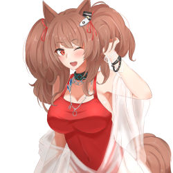 Rule 34 | 1girl, ;d, angelina (arknights), angelina (summer flower) (arknights), animal ears, arknights, black choker, breasts, brown eyes, brown hair, casual one-piece swimsuit, choker, cleavage, covered navel, fox ears, hand up, highres, infection monitor (arknights), jewelry, large breasts, long hair, looking at viewer, maiq06, necklace, off shoulder, official alternate costume, one-piece swimsuit, one eye closed, open clothes, open mouth, red one-piece swimsuit, see-through, sidelocks, simple background, smile, solo, swimsuit, swimsuit cover-up, twintails, upper body, white background, wristband