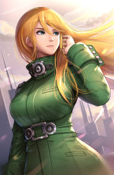 Rule 34 | alternate costume, blonde hair, blue eyes, building, cityscape, cloud, cloudy sky, cowboy shot, cuff links, cuffs, dutch angle, facing to the side, from below, gonzarez, green shirt, hair between eyes, hair in wind, hand in own hair, highres, long hair, long sleeves, looking to the side, metroid, metroid: other m, military, military uniform, nintendo, samus aran, shirt, sky, skyline, skyscraper, smile, solo, sunrise, sunset, uniform