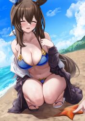 Rule 34 | 1girl, :d, ^ ^, absurdres, admire vega (umamusume), animal ears, bare shoulders, beach, bikini, black jacket, blue bikini, blue sky, blush, brown hair, closed eyes, cloud, commentary request, day, herohero (higashi no dou), highres, horse ears, jacket, long hair, long sleeves, navel, off shoulder, open clothes, open jacket, open mouth, sky, smile, solo focus, squatting, stomach, swimsuit, thighs, umamusume
