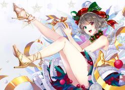Rule 34 | 1girl, :d, bad id, bad pixiv id, bare legs, bauble, blush, bow, box, breasts, christmas ornaments, commentary, dress, flower, full body, fur-trimmed dress, fur trim, gift, gift box, gradient background, green bow, green eyes, grey background, hair bow, heterochromia, high heels, holding, holding gift, holly, honnou (kjs9504), legs, legs up, open mouth, original, red bow, red eyes, red flower, ribbon, silver hair, smile, snowflakes, solo, star (symbol), symbol-only commentary, white dress, yellow bow, yellow footwear, yellow ribbon