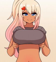 Rule 34 | 1girl, animated, blonde hair, blue eyes, blush, bouncing breasts, breasts, closed mouth, clothes lift, dark-skinned female, dark skin, ear piercing, flashing, gradient background, gyaru, hair ornament, hairdressing, heart, heart hair ornament, huge breasts, ichii gou (the only shoe), jiggle, lifting own clothes, long hair, looking at viewer, multicolored hair, navel, nipples, no bra, one eye closed, original, piercing, pink hair, ponytail, shirt lift, simple background, smile, solo, standing, the only shoe, tongue, tongue out, upper body, video, wink