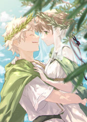 Rule 34 | 1boy, 1girl, ancient greek clothes, blue sky, blush, branch, chiton, closed eyes, cloud, day, face-to-face, greco-roman clothes, green eyes, hair bun, hair ribbon, hand on another&#039;s chest, highres, hug, laurel crown, light brown hair, looking at another, olive branches, original, outdoors, parted lips, peco (ppeco0), ribbon, single hair bun, sky, smile, veil, white hair