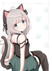 Rule 34 | absurdres, ahoge, animal ears, arknights, black ribbon, black shirt, black thighhighs, blue eyes, blush, cat ears, cat girl, cat tail, collar, feet out of frame, green skirt, grey hair, hair ribbon, highres, infection monitor (arknights), long hair, looking at viewer, looking back, mint (arknights), mint (elite ii) (arknights), paw print, paw print background, rebaa, ribbon, shirt, skirt, smile, solo, tail, thighhighs, very long hair, white background